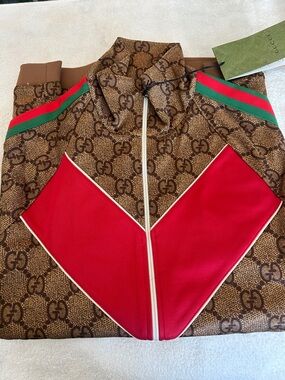 Gucci Brown GG Monogram Track Jacket with Red Chevron